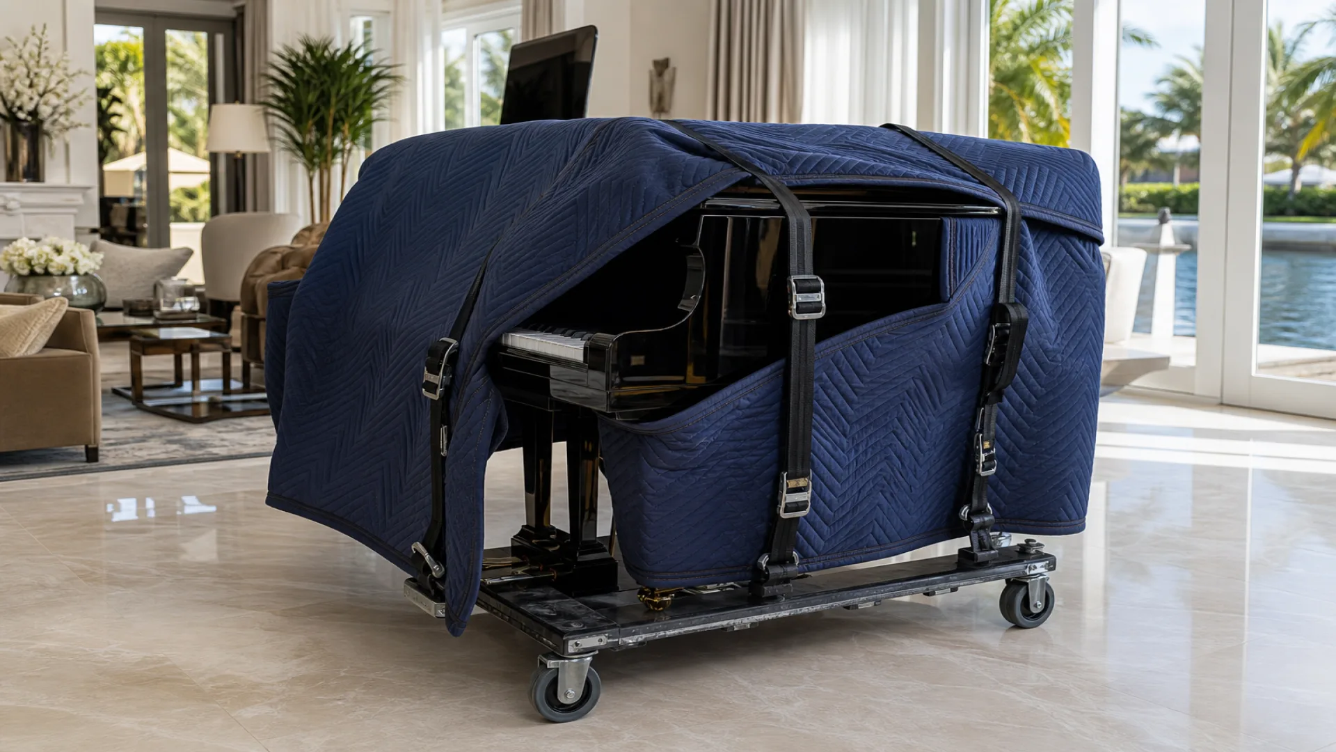 Carefully wrapped grand piano secured with heavy-duty straps in a bright Fort Lauderdale living room, demonstrating professional heavy item moving techniques.