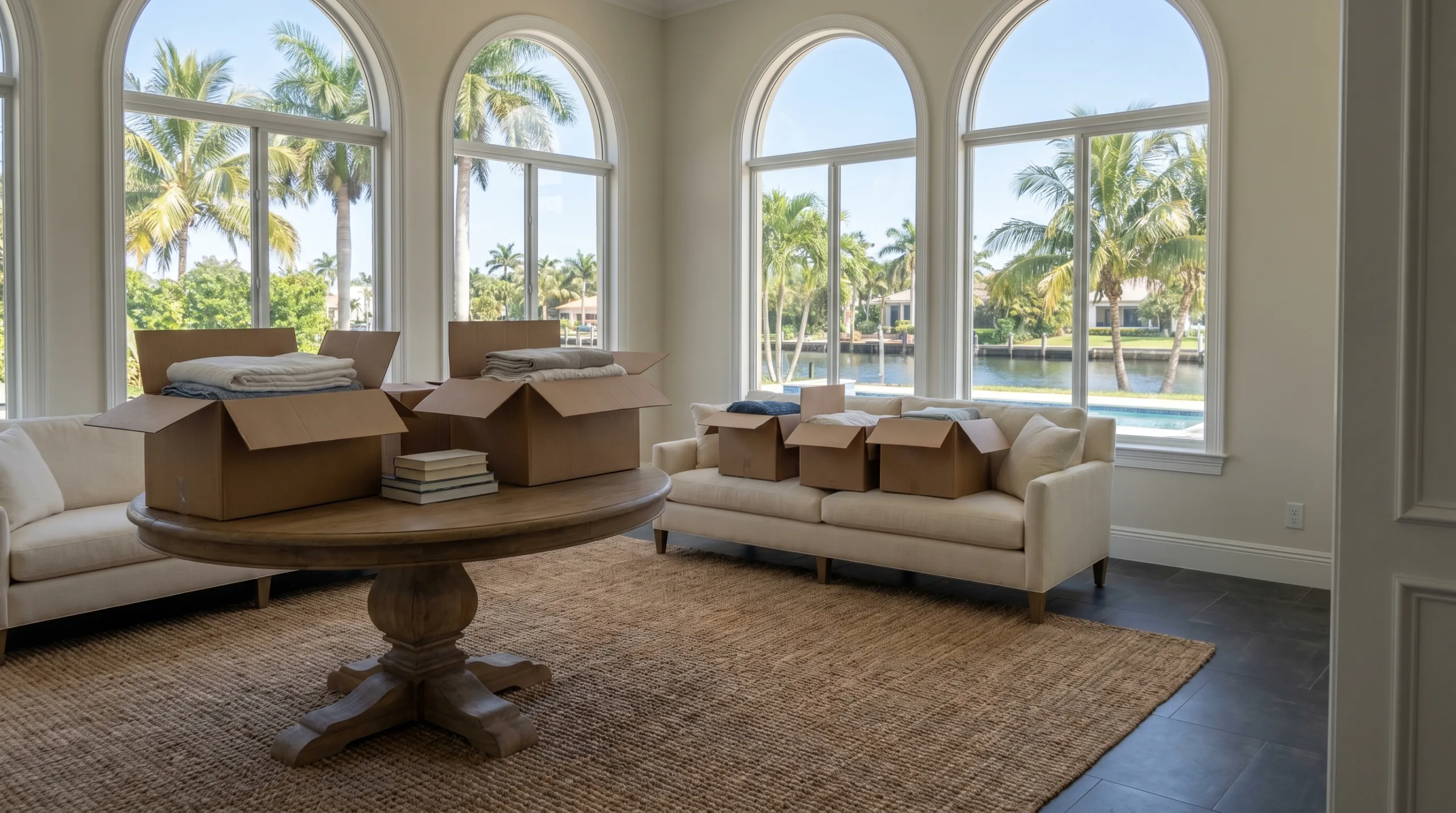 A bright, sunny living room with large arched windows showing palm trees, prepared for a residential moving process. In the foreground, an oval wooden table holds two open cardboard boxes filled with folded blankets and a small stack of books. In the background, a beige sofa has three more small open boxes sitting on its cushions.
