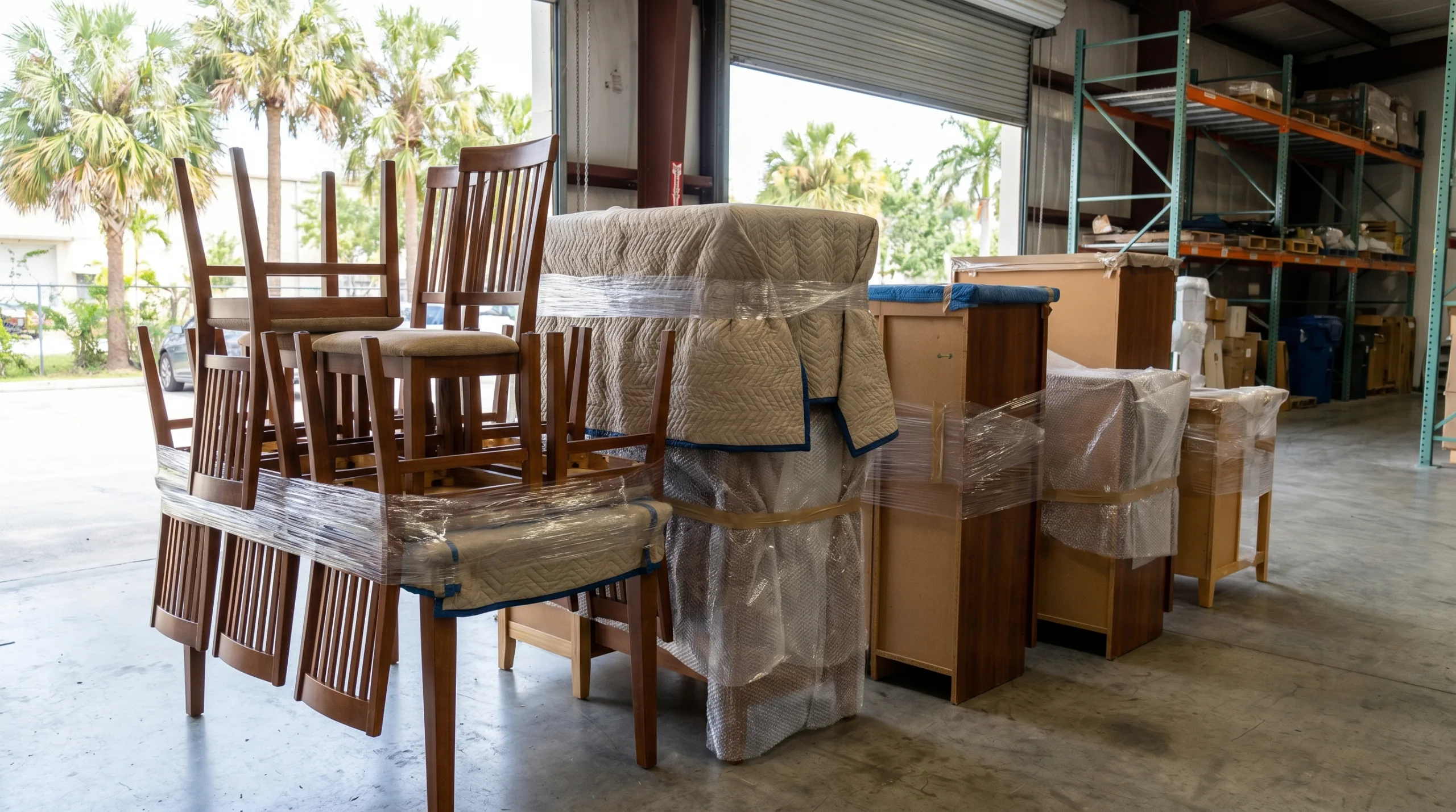 Packed furniture stored inside a warehouse with an open roll-up garage door, ready for a residential moving day. On the left, several wooden dining chairs are stacked and tightly wrapped together with clear plastic film. Next to them, larger pieces of furniture and cabinets are heavily protected with moving blankets and bubble wrap. Palm trees are visible outside the open door.