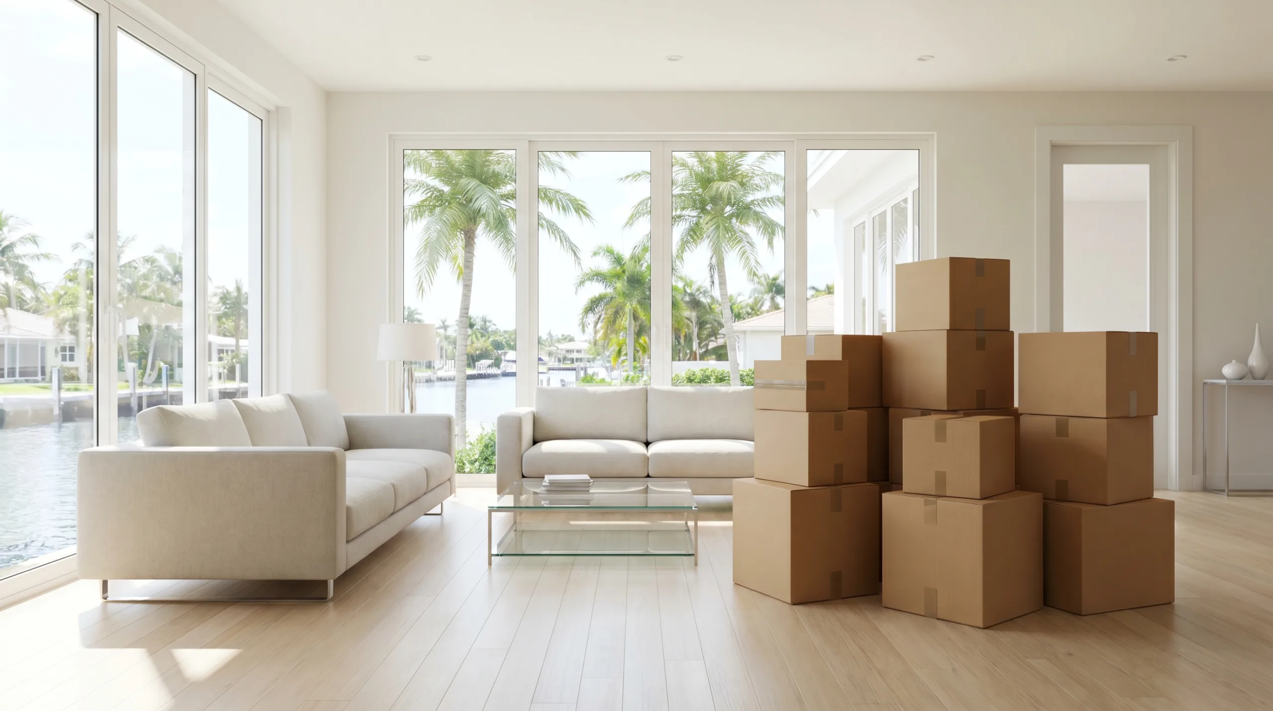 A spacious, modern, and minimalist white living room featuring a large stack of taped cardboard boxes on the right side, symbolizing a residential moving day. The room contains two elegant beige sofas and a glass coffee table. Large floor-to-ceiling glass windows and doors reveal a tropical waterfront view with palm trees outside.