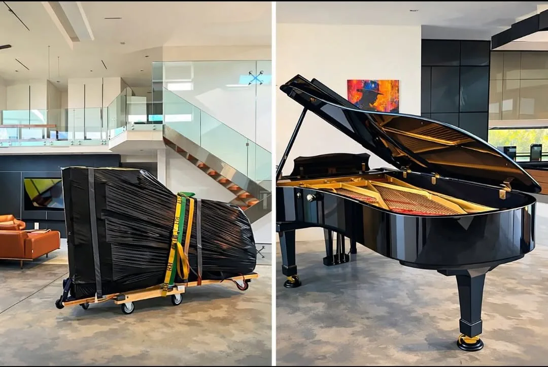Image 1 (Left - Wrapped Piano): A securely wrapped instrument on a custom wooden dolly during a grand piano moving service inside a modern home. Image 2 (Right - Unwrapped Piano): The fully assembled instrument resting on the floor after a successful grand piano moving service in a residential space.